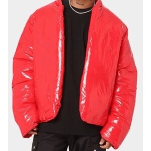 Club Paradise Mens Shiny Red Puffer Jacket Glossy Quilted Coat Large